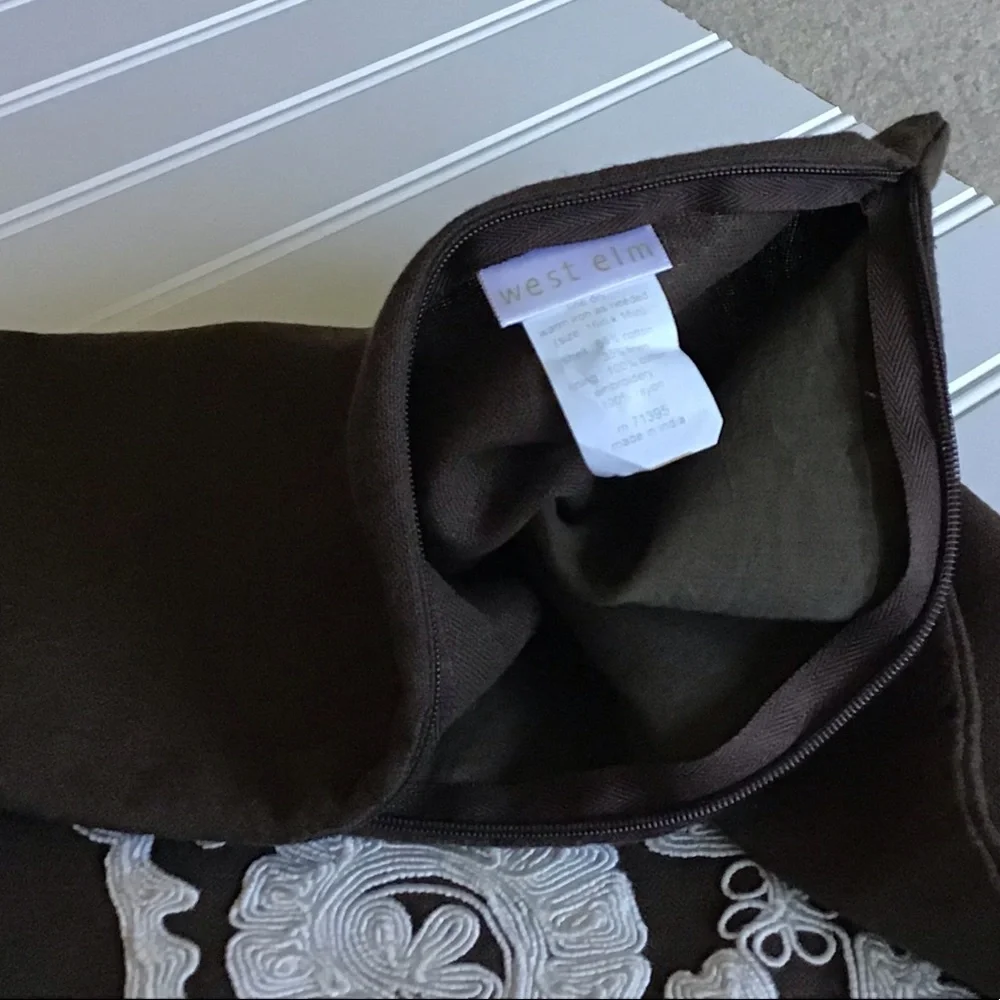 West Elm EUC Pillow Cover Only Embroidered Zipper West Elm Brown And White